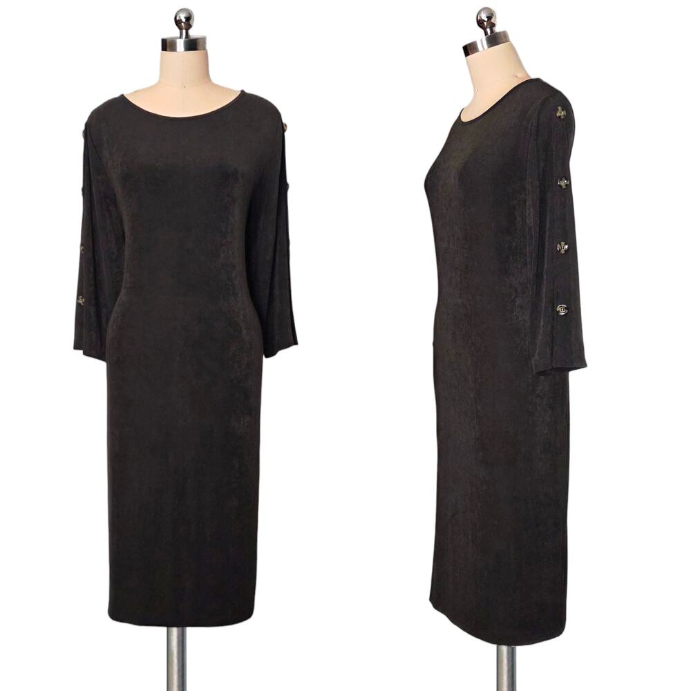 CHICO'S Travelers Brown Slinky Dress Buttons Sleeve 3 16-18 XL